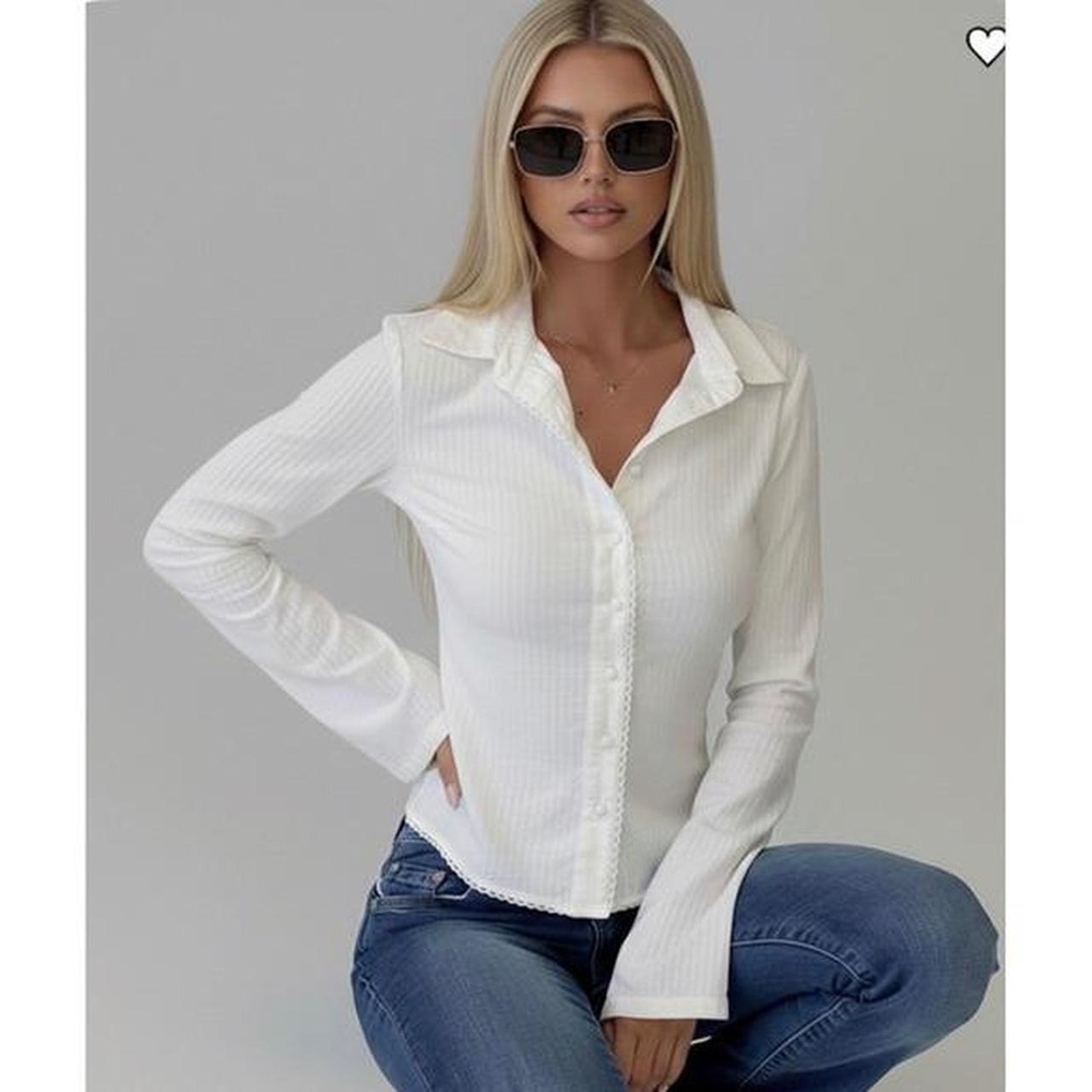 White Pinstripe Button Up Long Sleeve Lace Trim Shirt Top Women's 2
